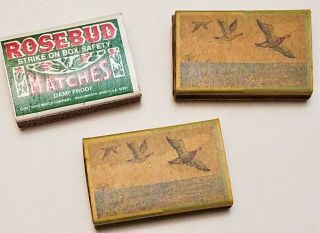 3 Antique Match Boxes 1920/Cardboard Match Holders Duck Hunting/Rosebud/Vintage 2