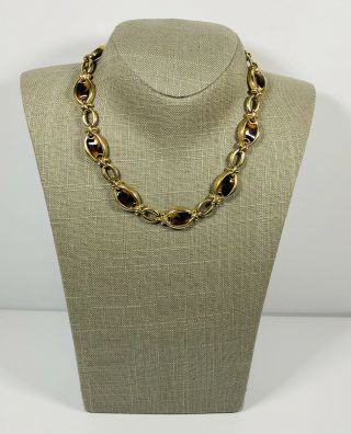 Vintage Necklace Gold Tone & Brown Enamel Collar Length Pretty Costume Jewellery
