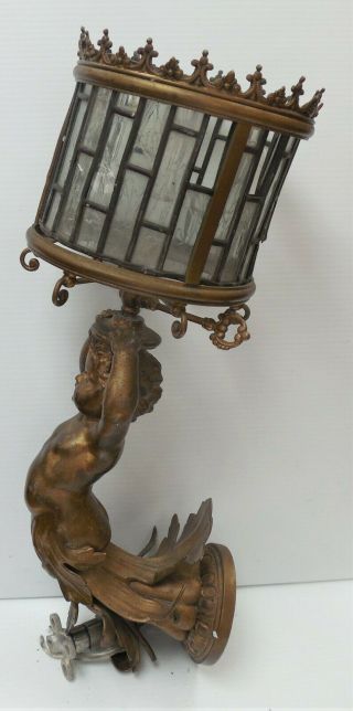 Antique Cherub Wall Sconce Light W/ Leaded Glass Shade " Converted Oil Lamp "