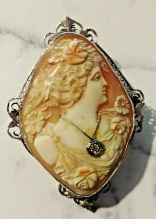 Antique Shell Victorian Cameo Pin Brooch Pendant With Diamond White Gold Fancy