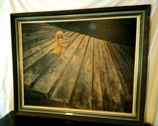 Vintage 1960 ' s Walter Keane Lithograph Alone Frame Mid Century Modern 3