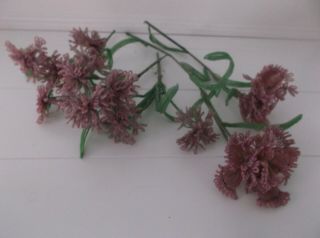 5 Vintage Stems Of Pink French Glass Seed Beaded Flowers & Green Leaves
