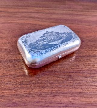 Large Imperial Russian 84 Solid Silver Niello Snuff Box W/ Building Moscow 1879