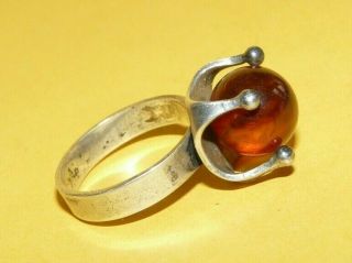 Vintage Modernist Designer " Gs " Sterling Silver " 925 " Amber Ring Size 8 Signed