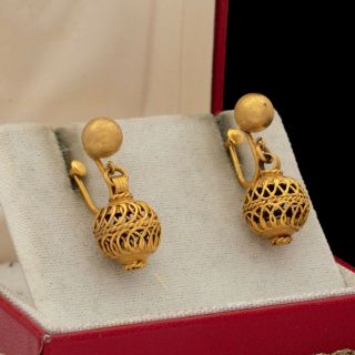 Antique Vintage Art Nouveau 14k Yellow Gold Etruscan Orb Dangle Drop Earrings