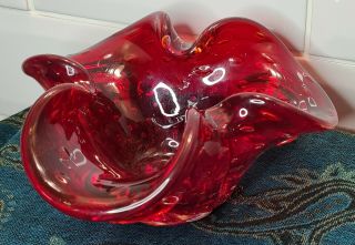 Quintessential Heavy Retro Vintage Murano - Red Controlled Bubble Art Glass Bowl