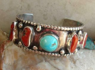 Antique Old Pawn Navajo Coin Silver Turquoise Coral Cuff Bracelet 44 Gr