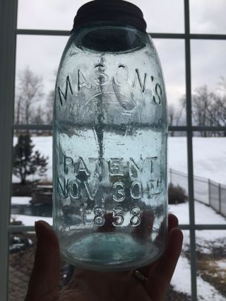 Vintage 1/2 Gal.  Mason’s Keystone In Circle Patent Fruit Jar - Full Of Bubbles