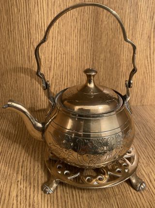 Antique Vintage Small Brass Kettle / Teapot On Trivet Stand Ornament