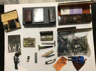 Vintage Junk Drawer - - Pocket Knives; Gillette; Lighter; Bulova Watch Cases; More.