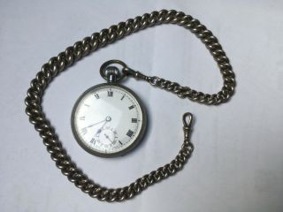 Antique Solid Sterling Silver Pocket Watch Chain 90 Grams & Swiss Made Watch.