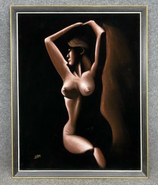 Vintage Black Velvet Female Nude Portrait Woman Painting Mid Century 37” X 29.  5”