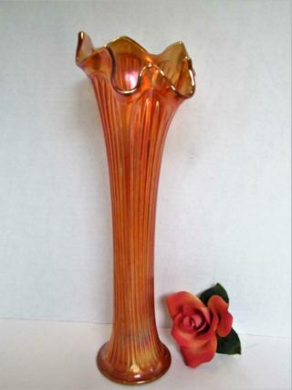 Vintage Carnival Glass Vase Fine Rib Fenton 12 " Amber Marigold Kt5092