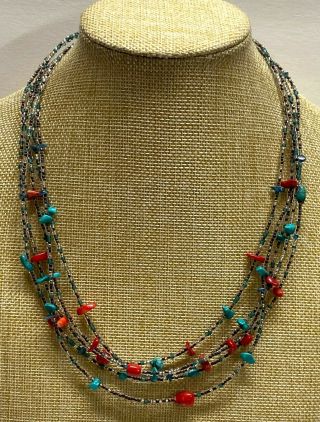 Peyote Bird 925 Sterling Silver Vintage Coral Turquoise Strand Necklace 26g S36