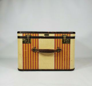 Vintage Oshkosh Tweed Striped Suitcase Shoe Case Antique Luggage Storage Decor