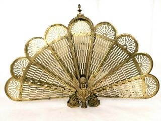 Vintage Brass Peacock Phoenix Folding Fan Fire Screen Antique Fireplace Gargoyle