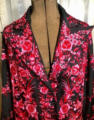VINTAGE 1920 ' s CHINESE BLACK SILK JACKET W/ PINK FLORAL & BIRD EMBROIDERY 2