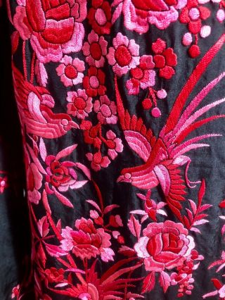 VINTAGE 1920 ' s CHINESE BLACK SILK JACKET W/ PINK FLORAL & BIRD EMBROIDERY 3