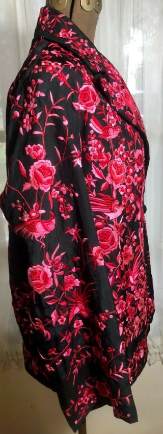 VINTAGE 1920 ' s CHINESE BLACK SILK JACKET W/ PINK FLORAL & BIRD EMBROIDERY 4