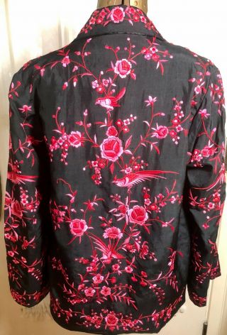 VINTAGE 1920 ' s CHINESE BLACK SILK JACKET W/ PINK FLORAL & BIRD EMBROIDERY 5