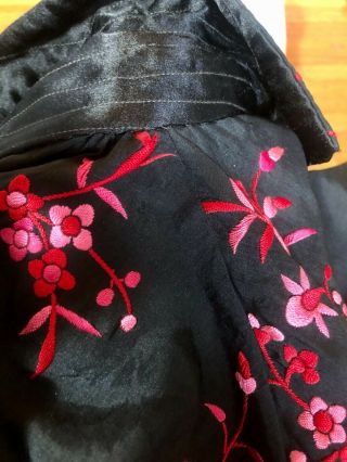 VINTAGE 1920 ' s CHINESE BLACK SILK JACKET W/ PINK FLORAL & BIRD EMBROIDERY 6