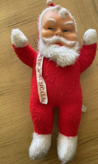 Vintage Plush Musical Santa Claus Doll - 18 " - Broadway Toy - Rubber Face -