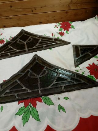 3 Vtg Stained Glass Leaded Church Window Panel/part Architectural Salvage