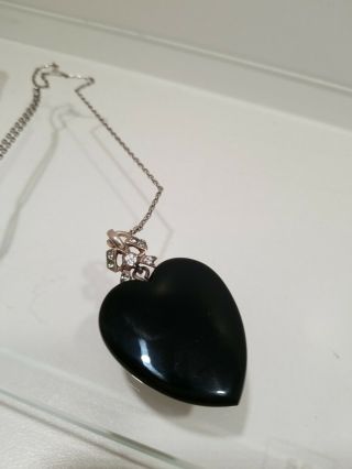 Antique Victorian Black Heart Sterling Silver Mourning Locket Pendant & Chain