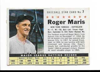Vintage 1961 Post Cereal Baseball Card Roger Maris 7 York Yankees Mvp