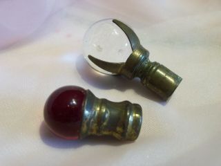 2 Vintage Glass Ball Marble Lamp Finials One Clear 1 " Wide And One Red 3/4 "