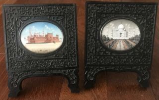 2 Miniature Paintings Taj Mahal Carved Wood Frame 19c Grand Tour Anglo Indian