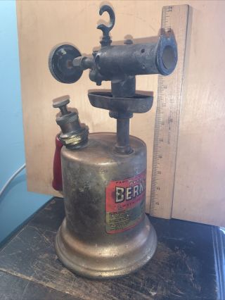 Vintage Brass Blow Torch Otto Bernz Co Rochester Ny With Red Wooden Handle