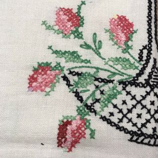 Vintage Linen Cross Stitch Tablecloth 38 X 52 Pink Roses Gardening Rectangular