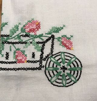 Vintage Linen Cross Stitch Tablecloth 38 x 52 Pink Roses Gardening Rectangular 2