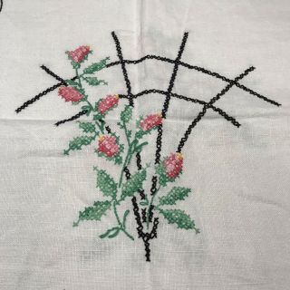Vintage Linen Cross Stitch Tablecloth 38 x 52 Pink Roses Gardening Rectangular 3
