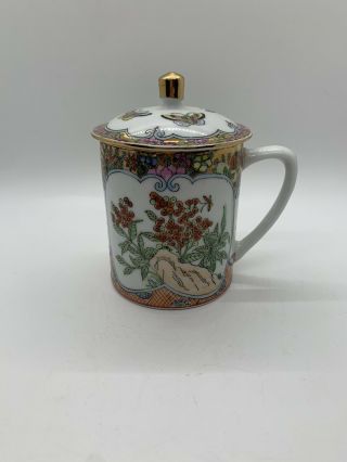 Neat VINTAGE Hand Painted Chinese porcelain Floral Butterfly Cup Mug w Cover LID 2