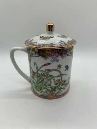 Neat VINTAGE Hand Painted Chinese porcelain Floral Butterfly Cup Mug w Cover LID 3