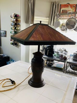 Antique Art Nouveau Slag Glass Lamp Paprika Color With Metal Base
