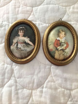 Vintage Decorative Pictures Of Boy And Girl With Gold Wooden Frames