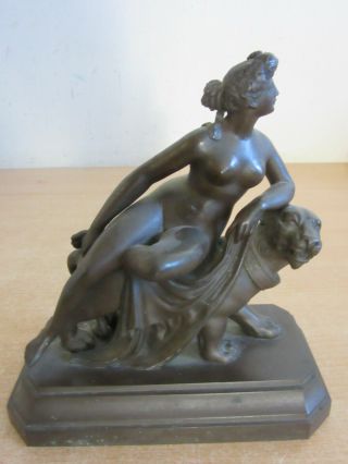 Antique Fantastic Unsigned Small Bronze Statue Nude Woman Laying On Lion Statue