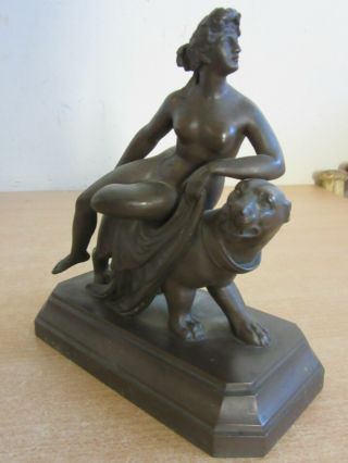 Antique Fantastic unsigned Small Bronze Statue nude woman laying on Lion statue 2