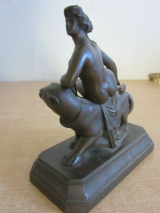 Antique Fantastic unsigned Small Bronze Statue nude woman laying on Lion statue 3