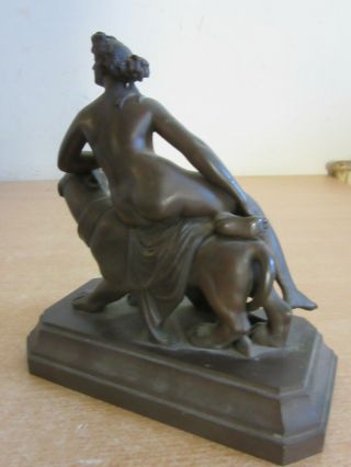 Antique Fantastic unsigned Small Bronze Statue nude woman laying on Lion statue 4