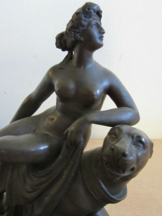Antique Fantastic unsigned Small Bronze Statue nude woman laying on Lion statue 5