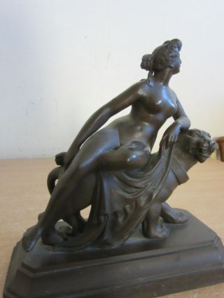Antique Fantastic unsigned Small Bronze Statue nude woman laying on Lion statue 6