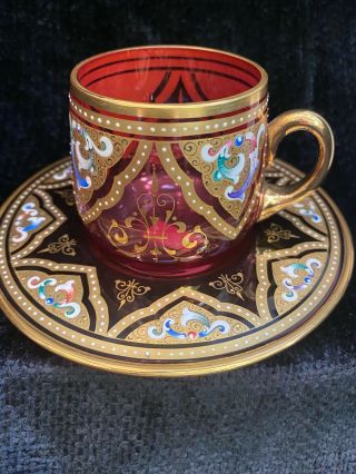 Antique Bohemian Moser Cranberry Glass Hand Painted Gilt Enamel Cup & Saucer