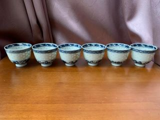 Set Of 6 Antique Chinese Blue And White Porcelain Birds & Symbol Tea Cups
