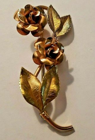 Vintage Signed Krementz Double Rose Floral Flower Pin Brooch 2 Tone Gold Plate?