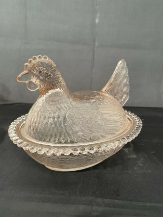 Vintage Pink Depression Glass Chicken Hen On Nest Nesting Covered Dish Farmhouse