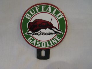 Vintage Buffalo Gasoline 2 Piece Porcelain Advertising License Plate Topper